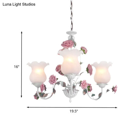 Metal White Chandelier With Curvy Arms - Pastoral Rose Down Lighting For Bedroom (3/5/6 Bulbs)