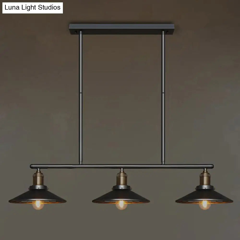 Metallic Antique Cone Shade Pendant Lighting - Black 3 Heads Island Hanging Light