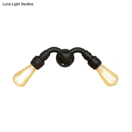 Metallic Black Vintage Bare Bulb Wall Sconce With Pipe Design - 2 Head Indoor Lamp