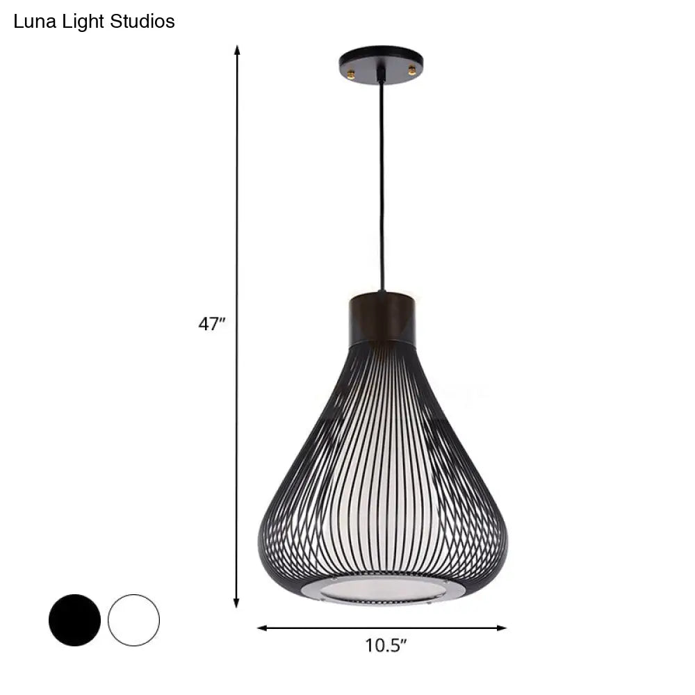 Retro Industrial Pendant Light Fixture - Metallic Black/White Teardrop Cage Shade Single Bulb