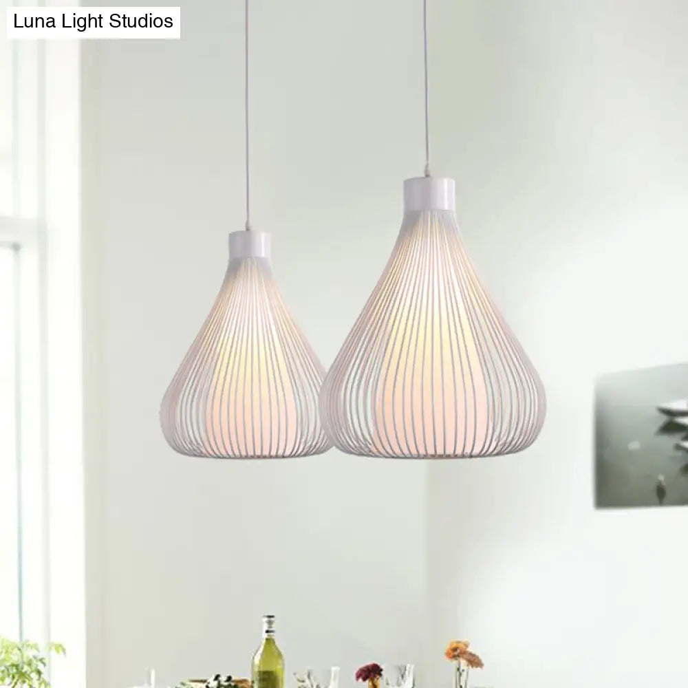 Retro Industrial Pendant Light Fixture - Metallic Black/White Teardrop Cage Shade Single Bulb