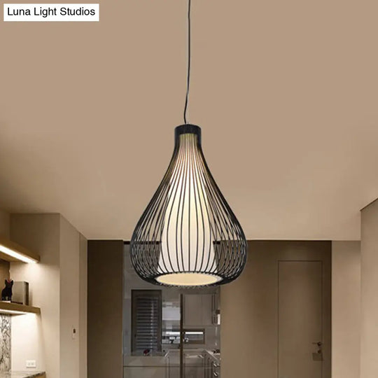 Retro Industrial Pendant Light Fixture - Metallic Black/White Teardrop Cage Shade Single Bulb