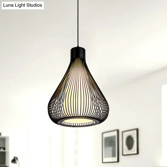 Retro Industrial Pendant Light Fixture - Metallic Black/White Teardrop Cage Shade Single Bulb