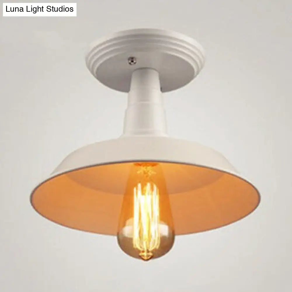 Metallic Ceiling Mounted Industrial Light With White Barn Shade - Semi Mount 10/14 Width / 10