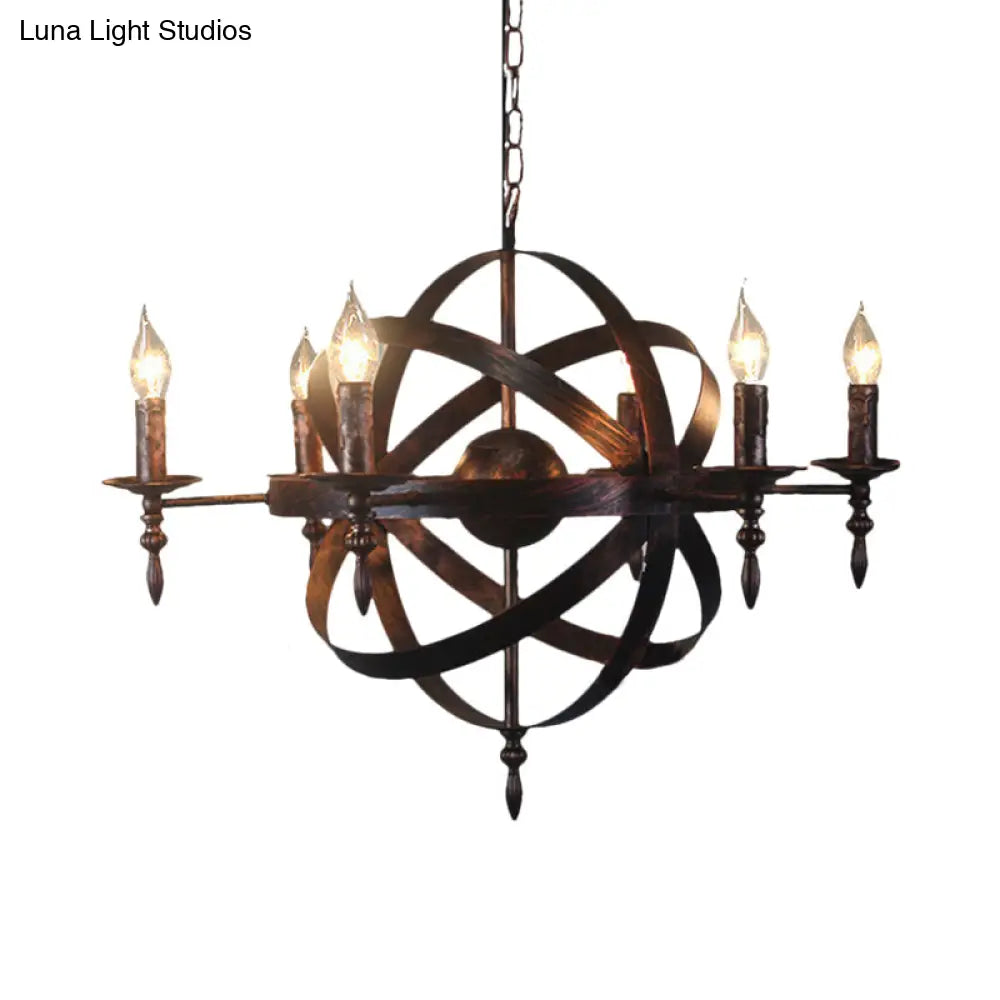 Metallic Chandelier With Spherical Cage Shade - Vintage 6/8 Head Ceiling Light For Restaurants In