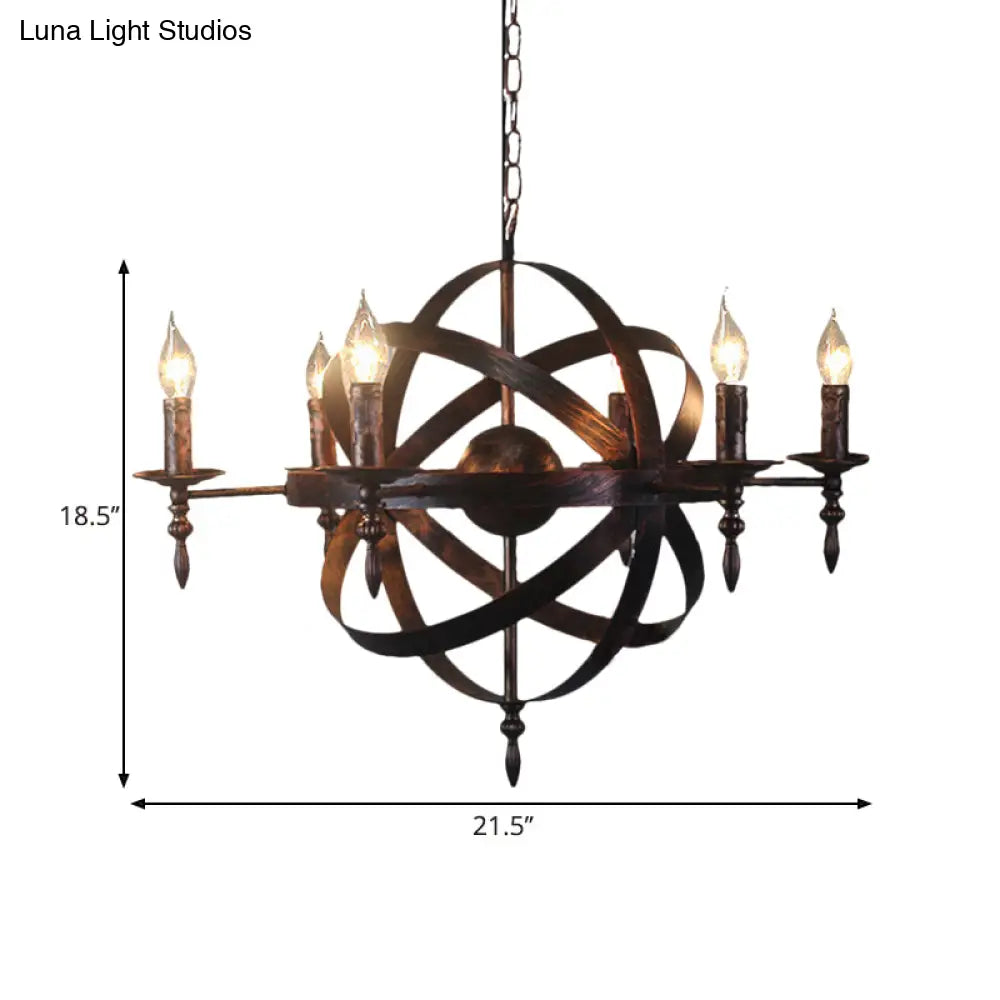 Metallic Chandelier With Spherical Cage Shade - Vintage 6/8 Head Ceiling Light For Restaurants In