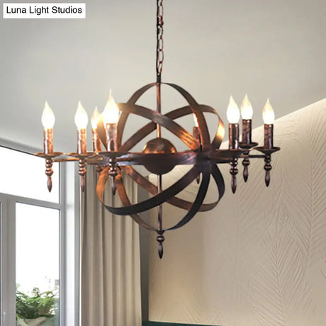 Metallic Chandelier With Spherical Cage Shade - Vintage 6/8 Head Ceiling Light For Restaurants In