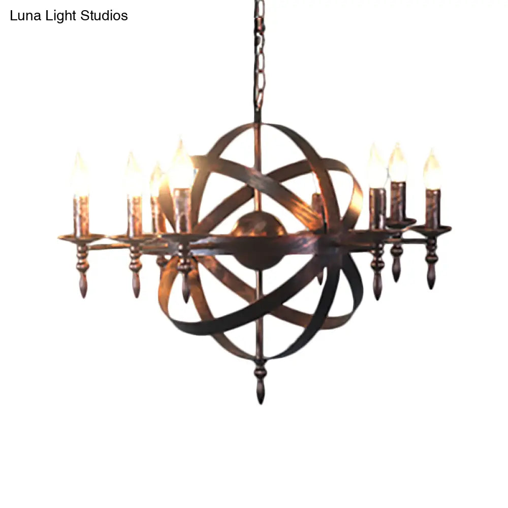 Metallic Chandelier With Spherical Cage Shade - Vintage 6/8 Head Ceiling Light For Restaurants In