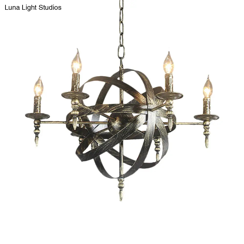 Metallic Chandelier With Spherical Cage Shade - Vintage 6/8 Head Ceiling Light For Restaurants In