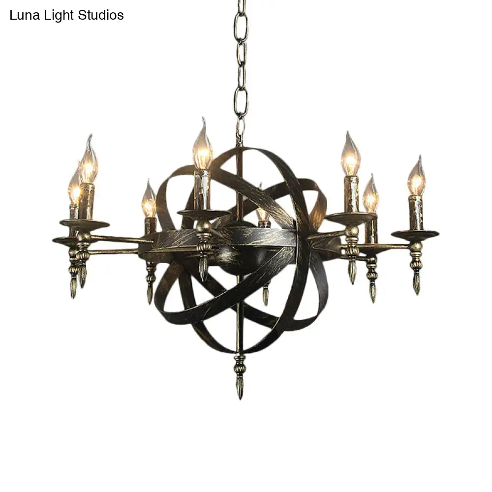 Metallic Chandelier With Spherical Cage Shade - Vintage 6/8 Head Ceiling Light For Restaurants In