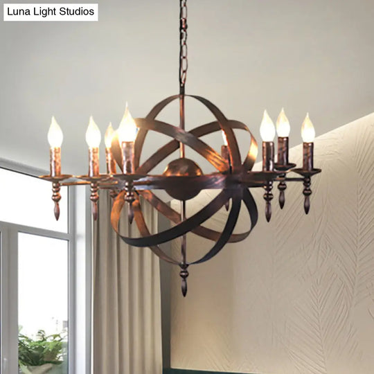 Metallic Chandelier With Spherical Cage Shade - Vintage 6/8 Head Ceiling Light For Restaurants In