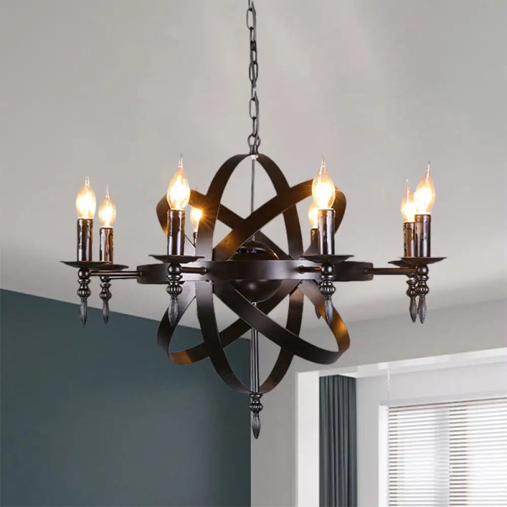 Metallic Chandelier With Spherical Cage Shade - Vintage 6/8 Head Ceiling Light For Restaurants In