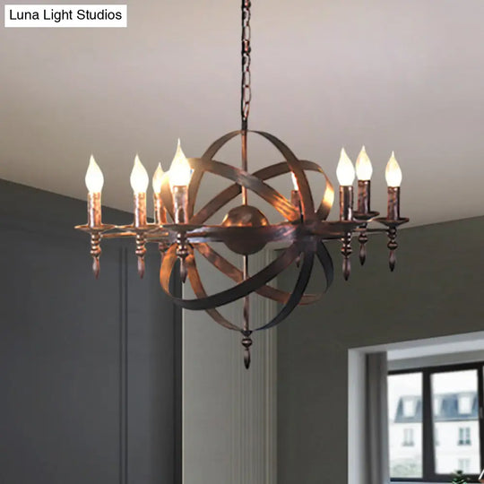 Metallic Chandelier With Spherical Cage Shade - Vintage 6/8 Head Ceiling Light For Restaurants In