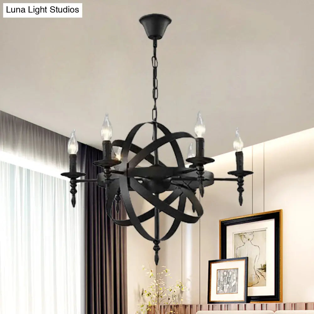 Metallic Chandelier With Spherical Cage Shade - Vintage 6/8 Head Ceiling Light For Restaurants In