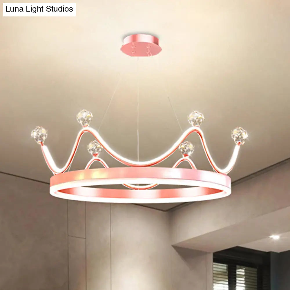 Metallic Crown Led Chandelier With Crystal Bead Décor - Nordic Style Pendant Lighting (Pink/Gold)