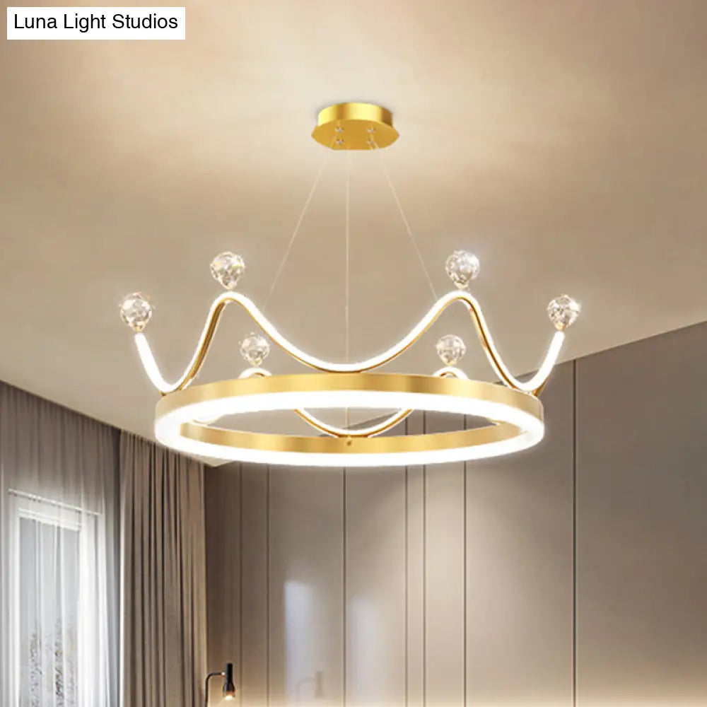 Metallic Crown Led Chandelier With Crystal Bead Décor - Nordic Style Pendant Lighting (Pink/Gold)