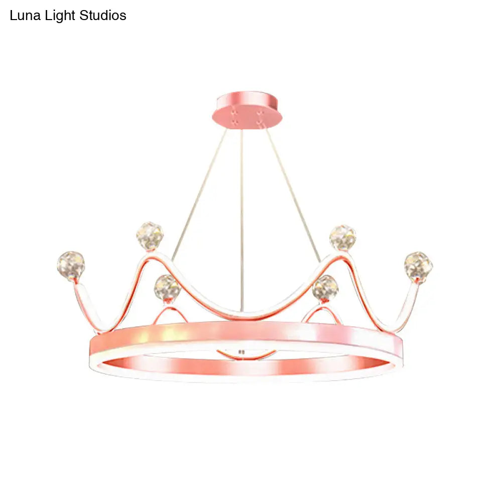 Metallic Crown Led Chandelier With Crystal Bead Décor - Nordic Style Pendant Lighting (Pink/Gold)