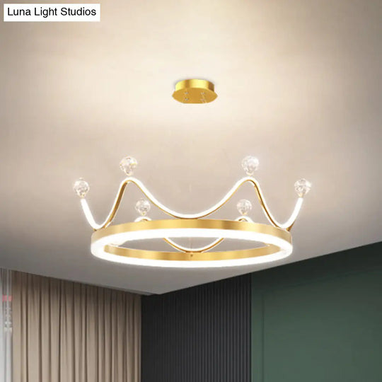 Metallic Crown Led Chandelier With Crystal Bead Décor - Nordic Style Pendant Lighting (Pink/Gold)