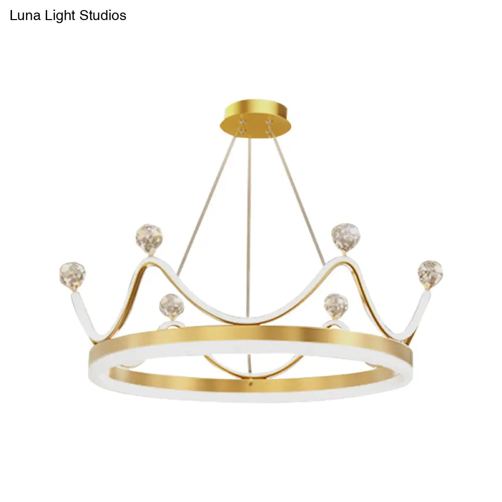 Metallic Crown Led Chandelier With Crystal Bead Décor - Nordic Style Pendant Lighting (Pink/Gold)