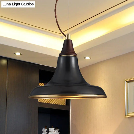 Metallic Farmhouse Suspension Pendant Lamp - Black Finish With Flare For Restaurant Lighting