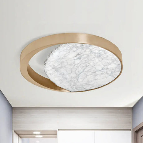 Metallic Gold Led Round Flush Mount Light Fixture With Marble Design For Balcony