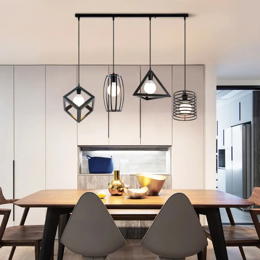 Metallic Industrial Dining Room Pendant Lighting With 4 Heads And Wire Frame Shade - Black