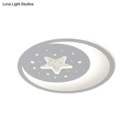 Metallic Led Flush Mount Ceiling Light For Kids Bedroom – Modern White Crescent And Star Design