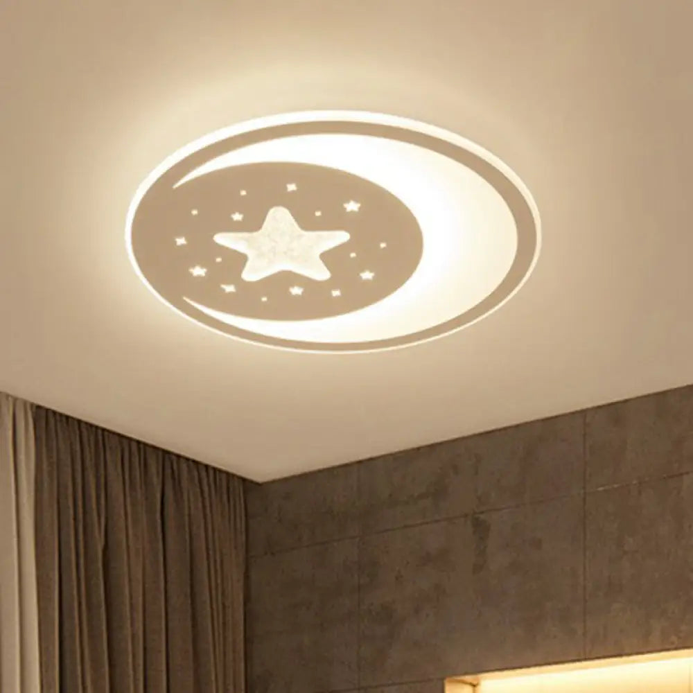 Metallic Led Flush Mount Ceiling Light For Kids Bedroom Modern White Crescent And Star Design