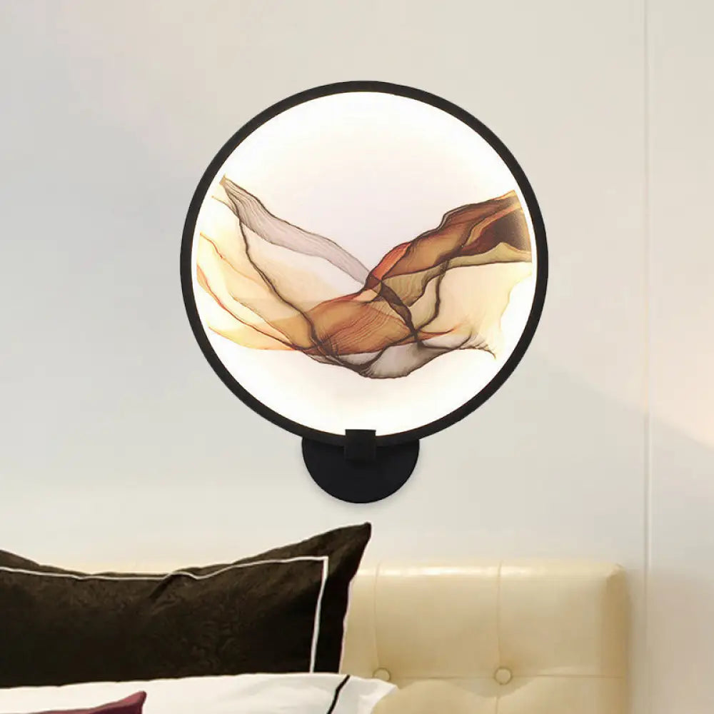 Metallic Led Wall Sconce Light - Brown/Purple Line Art Mural Lighting Asian Style For Bedroom Brown