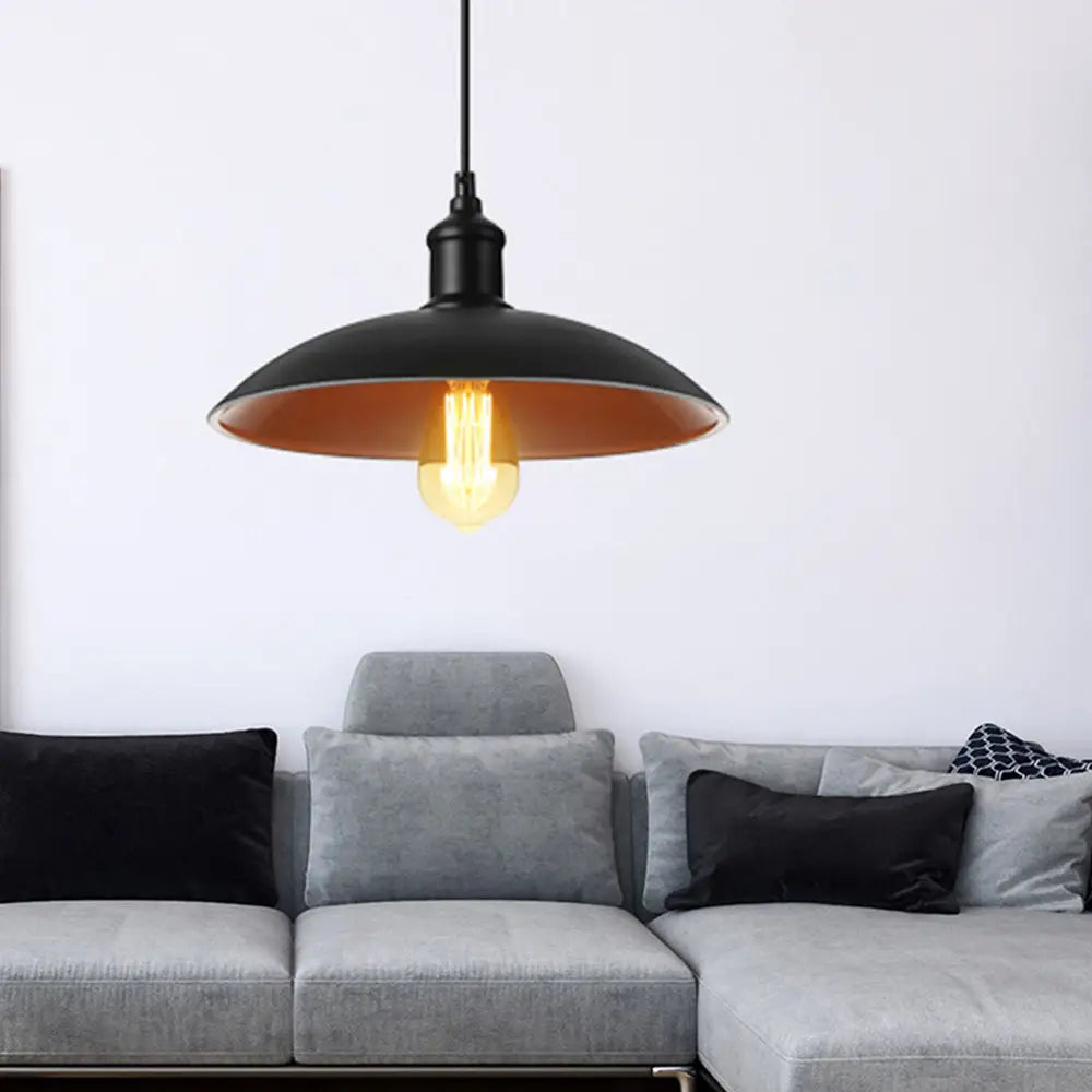 Metallic Loft Style Pendant Lamp With Saucer Shade For Living Room Black/White - 12.5’/16’ W