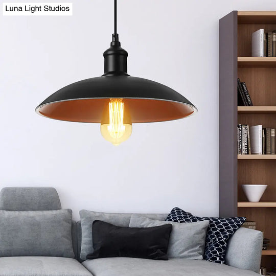Metallic Saucer Shade Pendant Lighting - Loft Style Hanging Lamp For Living Room In Black/White