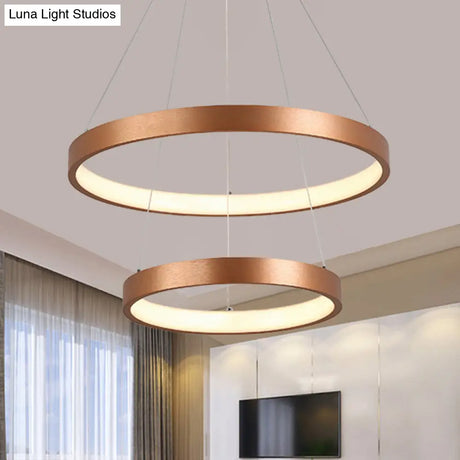 Metallic Minimalist 3-Tier Hoop Led Chandelier In Gold - Warm/White Light