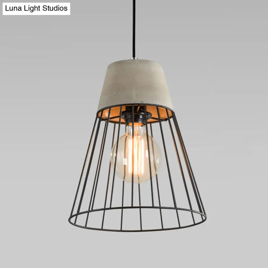 Minimalist Grey Pendant Light With Caged Metallic Suspension And Cement Top - Ideal For Dining Rooms
