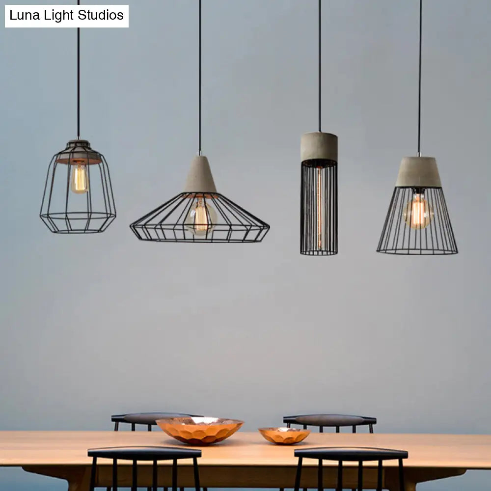 Minimalist Grey Pendant Light With Caged Metallic Suspension And Cement Top - Ideal For Dining Rooms