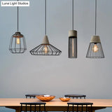 Metallic Minimalist Pendant Light: Caged Dining Room Suspension with Cement Top (Grey)