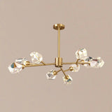 Metallic Pendant Light: Gold Beveled Crystal Shade Minimalist Branch Chandelier For Living Room 9 /