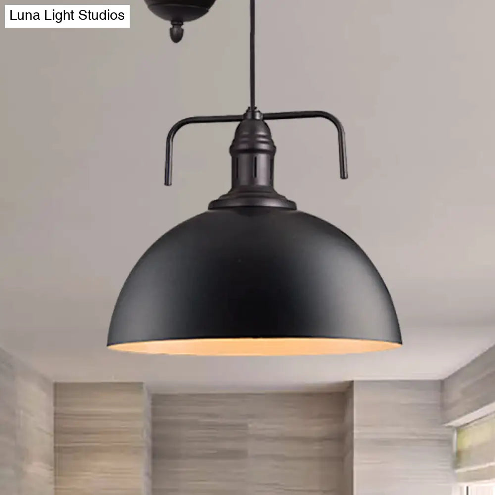 Black Dome Hanging Light - Warehouse Style Metallic Pendant With Pulley Design 8/12 Width