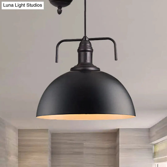 Black Dome Hanging Light - Warehouse Style Metallic Pendant With Pulley Design 8/12 Width