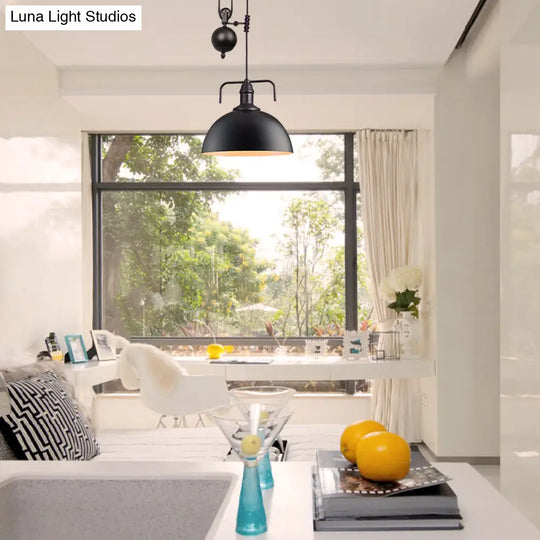 Black Dome Hanging Light - Warehouse Style Metallic Pendant With Pulley Design 8/12 Width