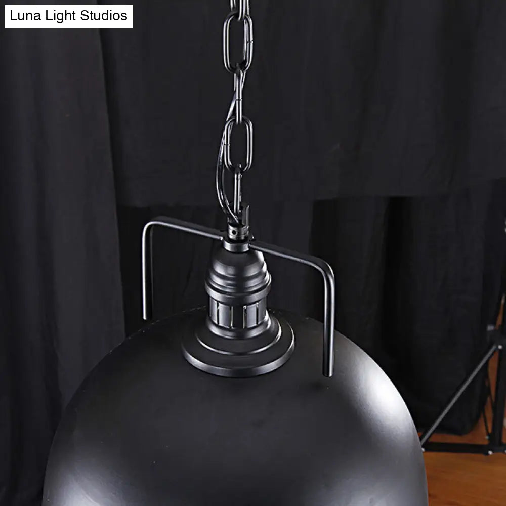 Black Dome Hanging Light - Warehouse Style Metallic Pendant With Pulley Design 8/12 Width