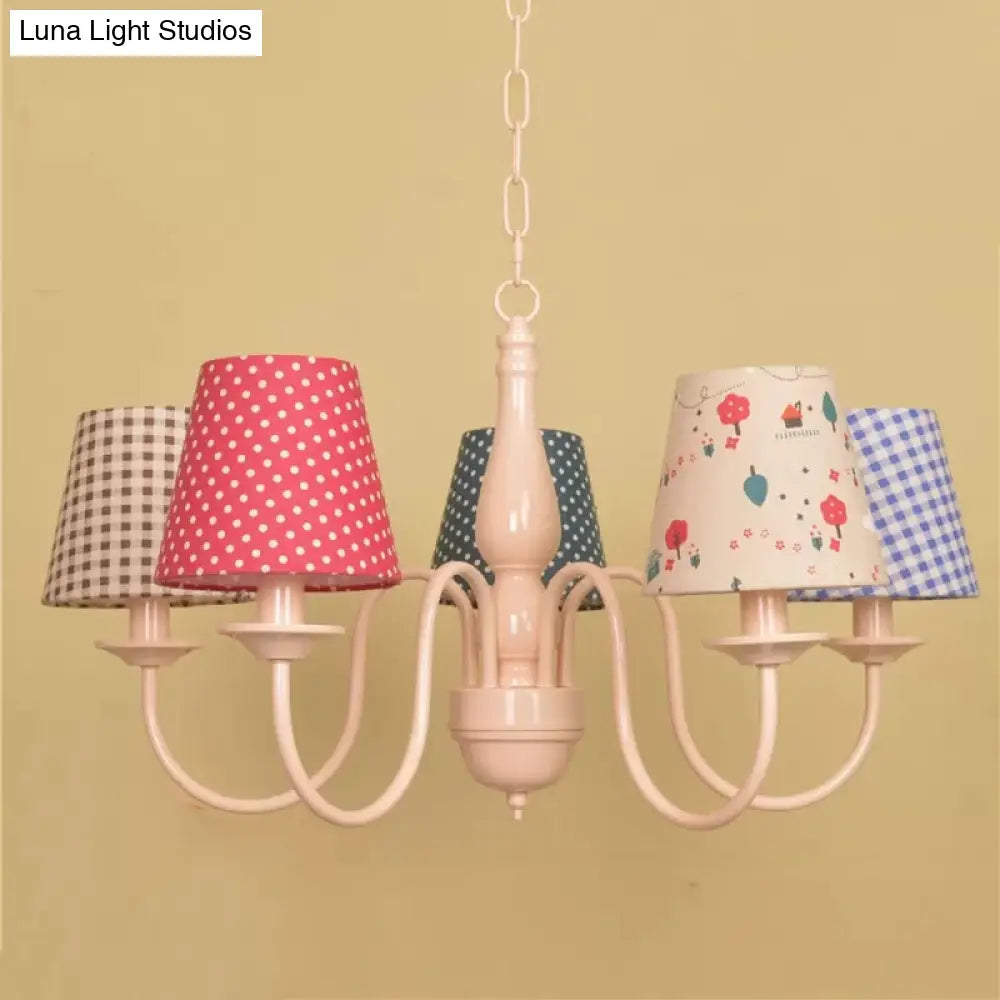 Metallic Pink Finish Chandelier With Tapered Shade - Nursing Room And Kids Suspension Light