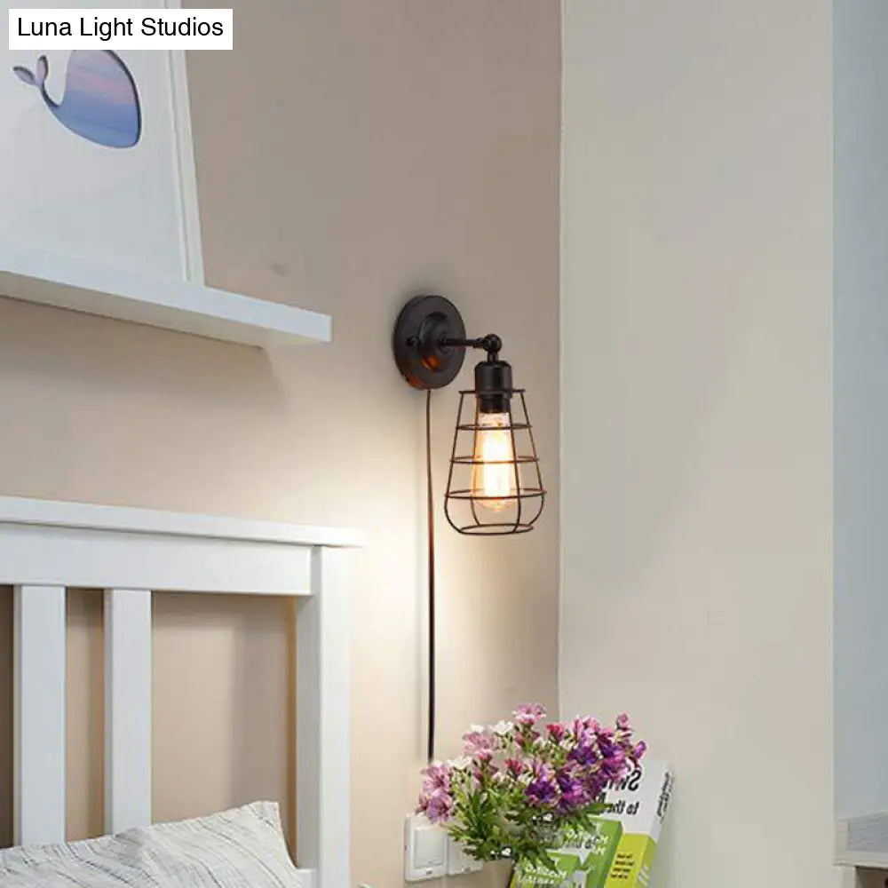 Metallic Plug-In Pendant Light For Restaurants - Warehouse Caged Wall Lighting Fixture (1/2 Bulbs)