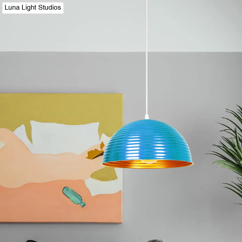 Metallic Ribbed Dome Pendant Light - Yellow/Green For Restaurants