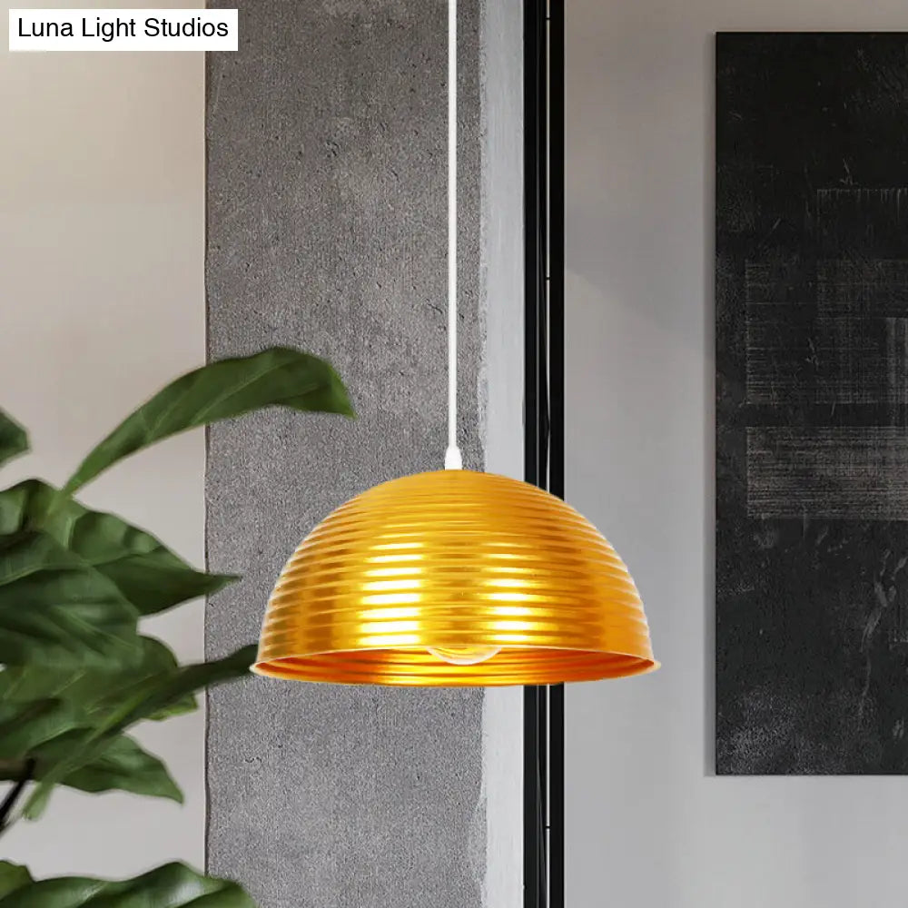 Industrial Ribbed Dome Pendant 1-Light Ceiling Fixture In Yellow/Green Perfect For Restaurants