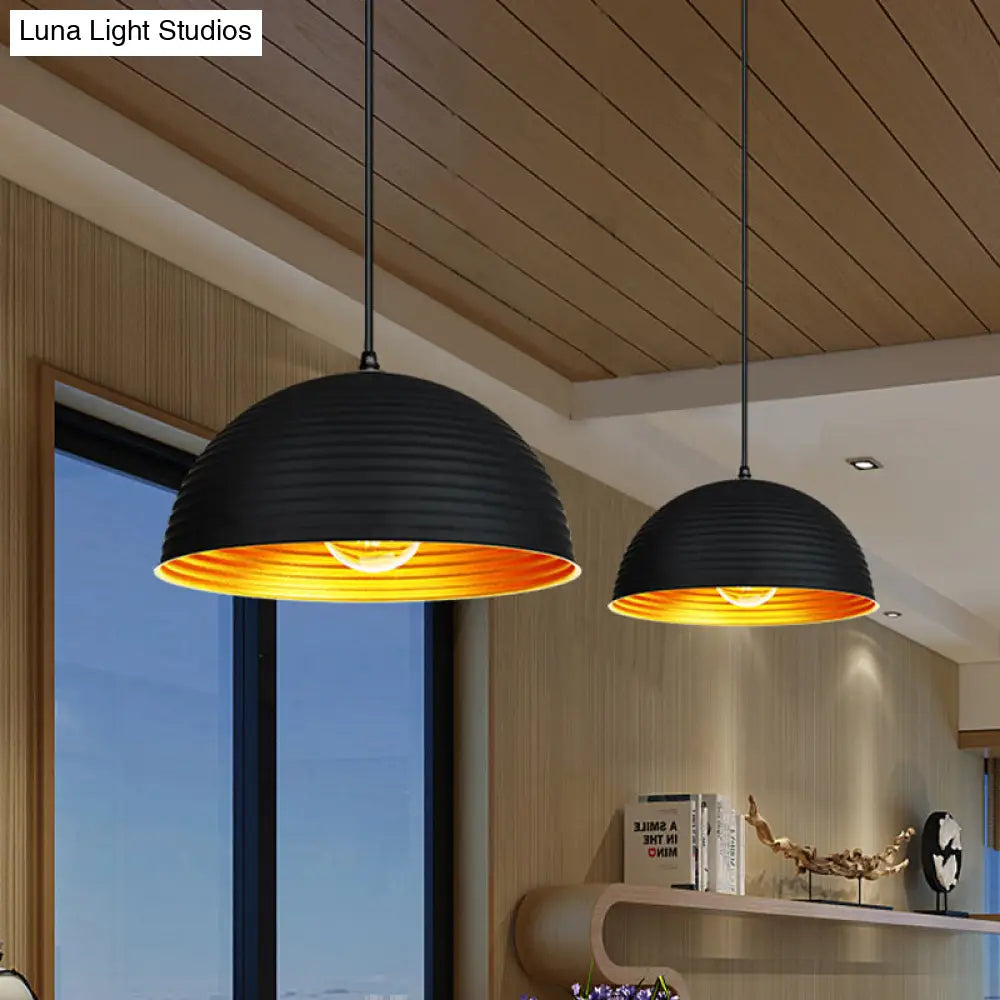 Metallic Ribbed Dome Pendant Light - Yellow/Green For Restaurants