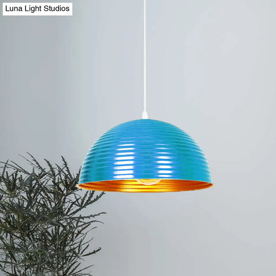 Industrial Ribbed Dome Pendant 1-Light Ceiling Fixture In Yellow/Green Perfect For Restaurants Blue