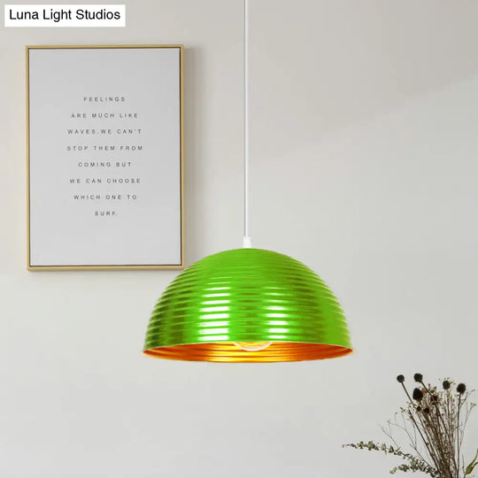 Metallic Ribbed Dome Pendant Light - Yellow/Green For Restaurants