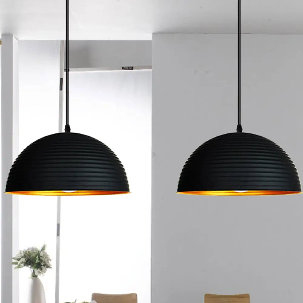 Metallic Ribbed Dome Pendant Light - Yellow/Green For Restaurants Black