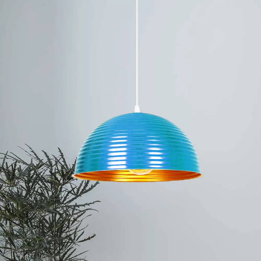 Metallic Ribbed Dome Pendant Light - Yellow/Green For Restaurants Blue