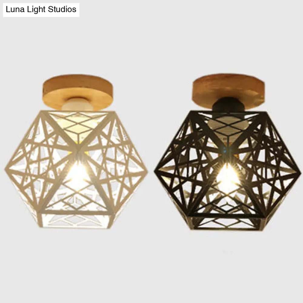 Metallic Semi Flush Mount Bulb - Loft Style Ceiling Light Fixture With Pentagon Cage Black/White